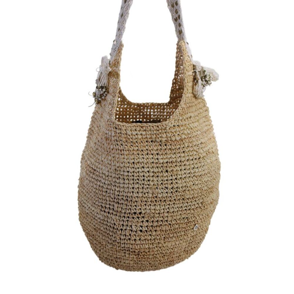 Flora Bella Womens Raffia Knit Beaded Detail Shoulder Hobo Handbag Natural